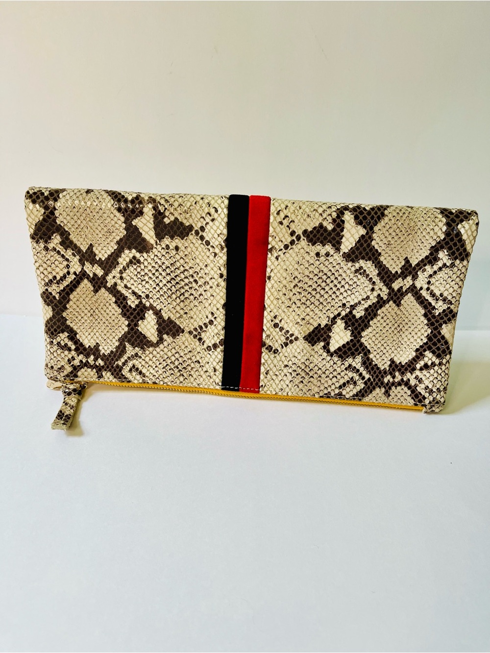 Clare V. Foldover Clutch in Tan Spring Snake Leather Stripe